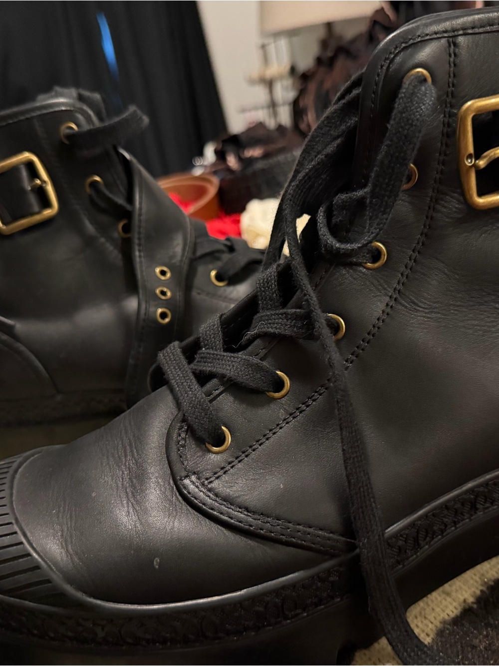 Coach Men's Black Leather Lace-Up Boots with Gold Hardware